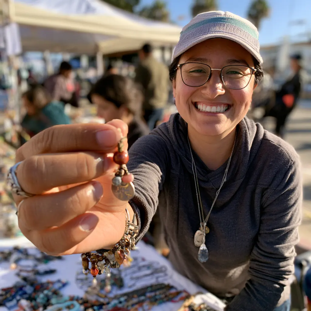 Daniela holding up a beaded charm at her booth