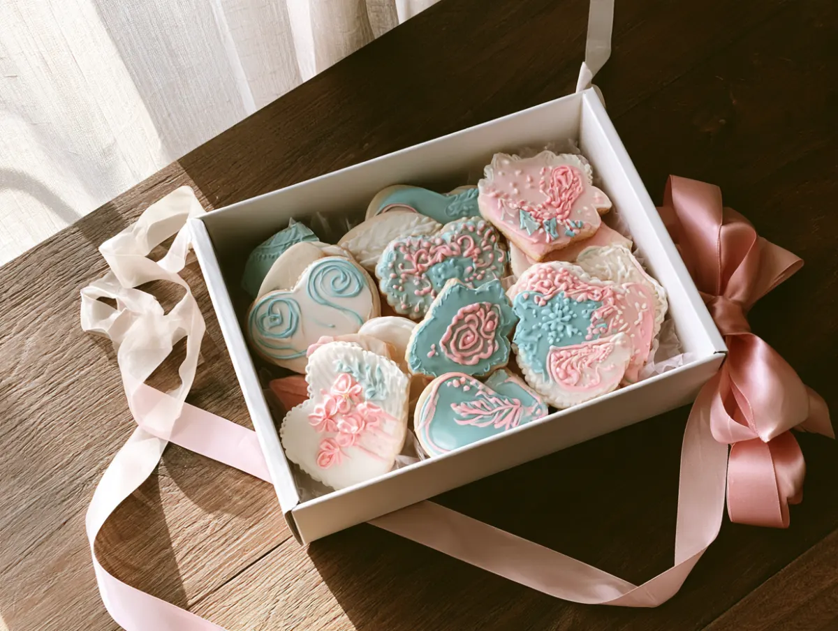 An open bakery box of pastel decorated sugar cookies