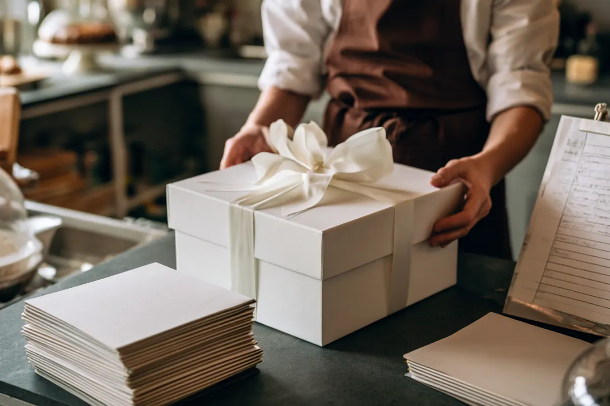 Closing a white cake box with a ribbon