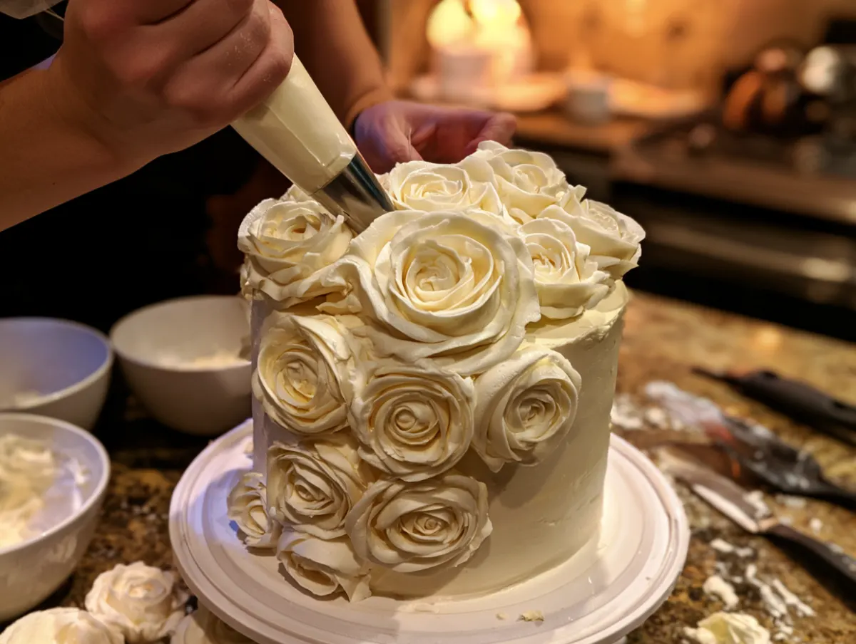 Hands piping buttercream roses onto a cake