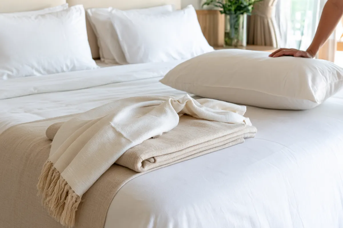 A freshly made bed with white sheets