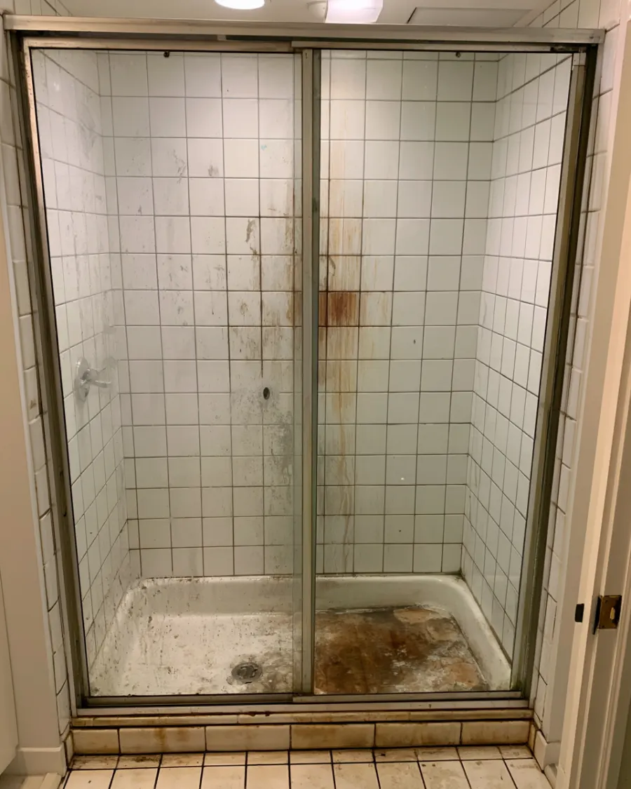A shower with soap scum, brown water stains and dark grout before cleaning