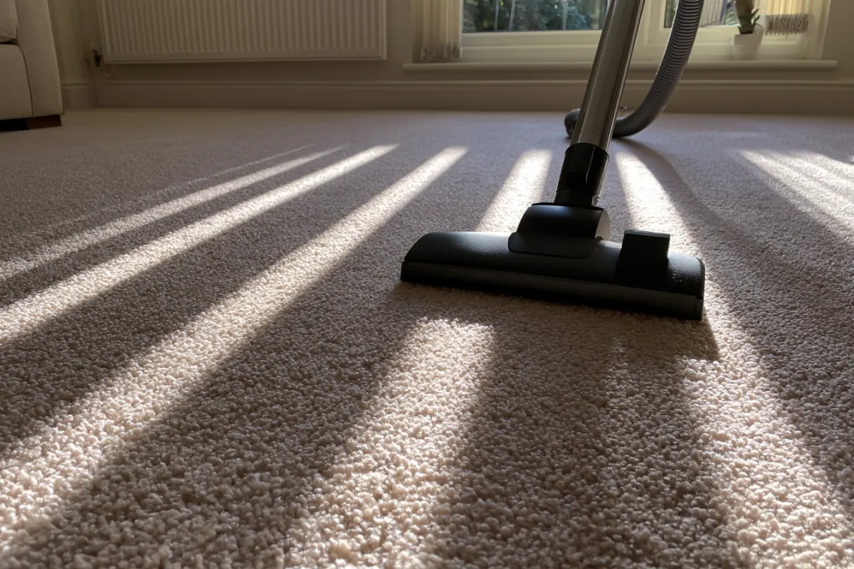 Fresh vacuum lines on a cream carpet in afternoon sun