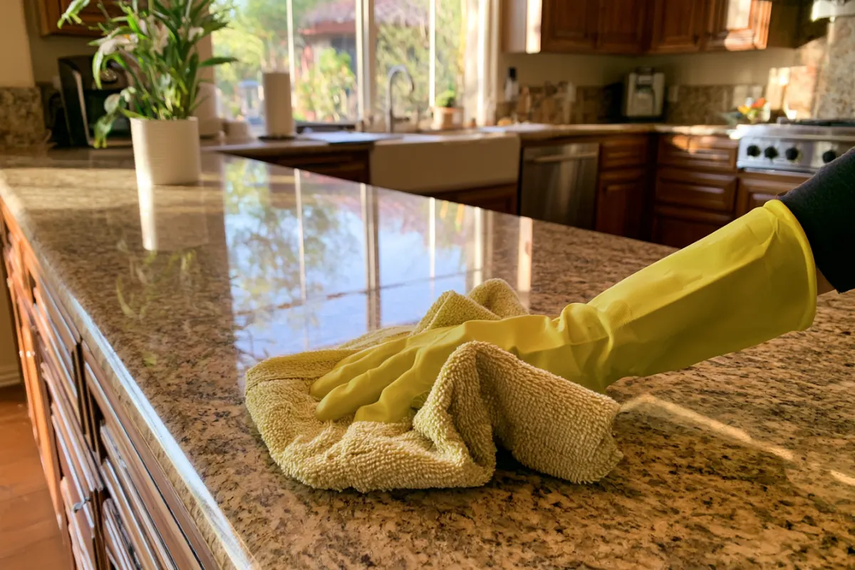 A gloved hand wiping a granite kitchen counter