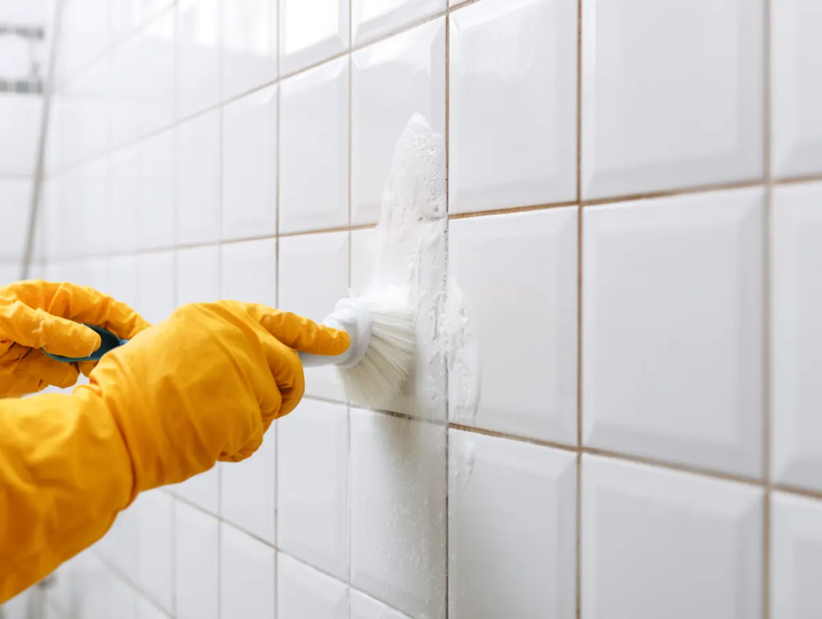 Scrubbing white tile grout with a small brush