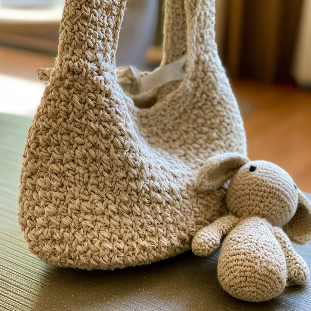 A cream crocheted bag with a matching lamb