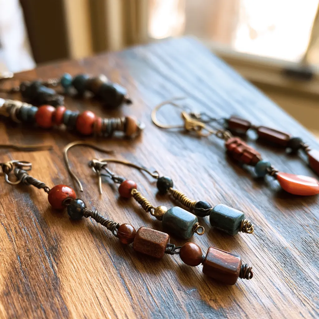 Long beaded earrings in rust and teal