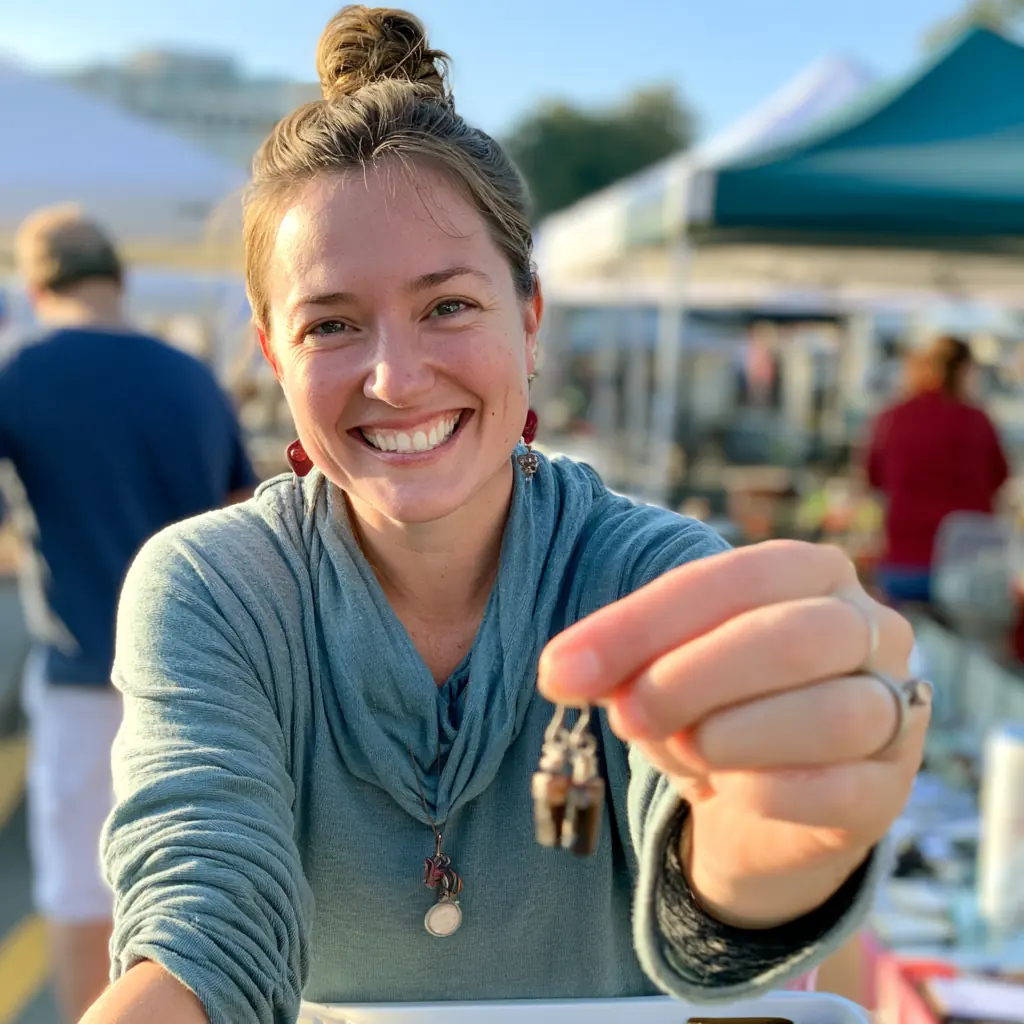 Hannah holding up a pair of earrings at her market booth