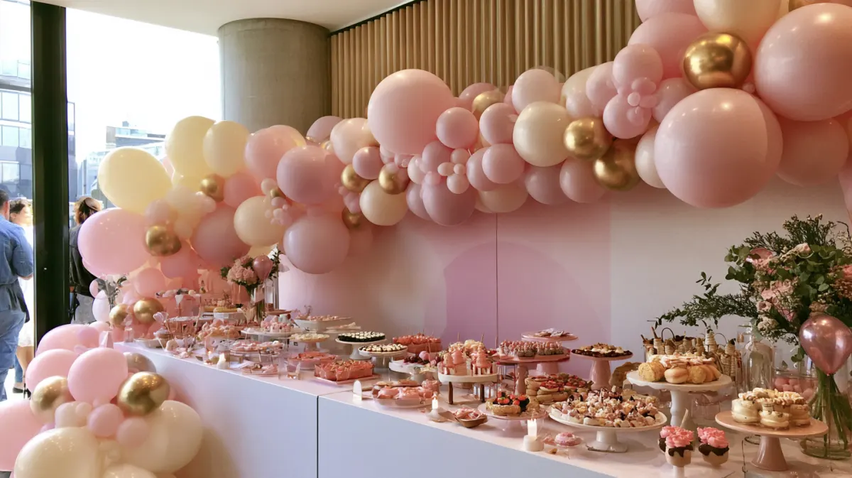 A blush, cream and gold balloon arch over a dessert table
