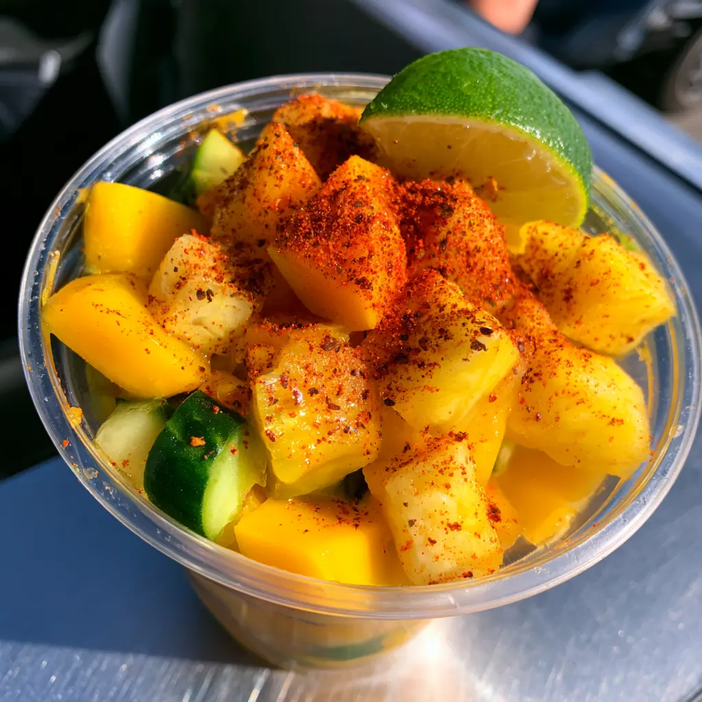 A fruit cup on the van counter in the sun