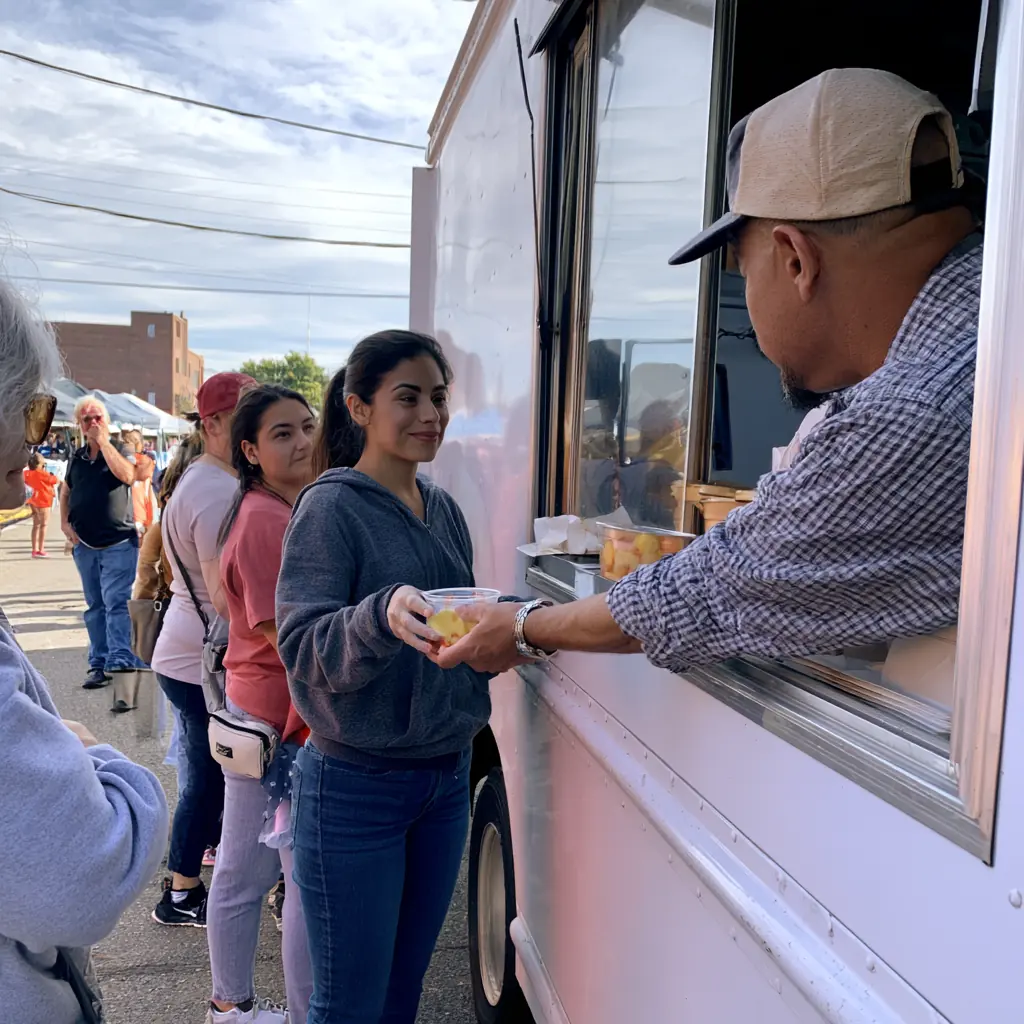 A line of customers at the van window as Lupita hands out a fruit cup
