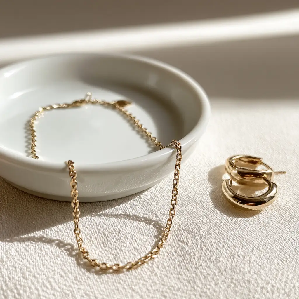 A gold chain draped over a white ceramic dish beside chunky huggie hoops
