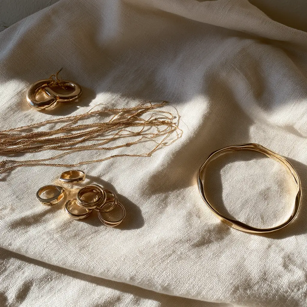 Fine gold chains, small hoops and a wavy bangle on cream linen