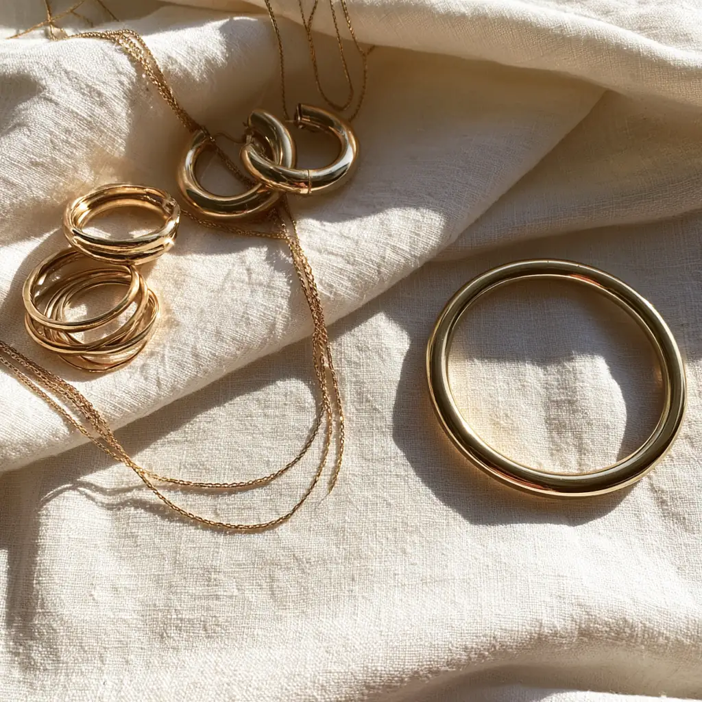 Stacked gold rings, linked hoops and a smooth bangle laid on linen