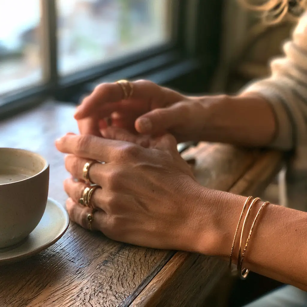 Hands resting on a wooden café table wearing stacked gold rings and thin bangles
