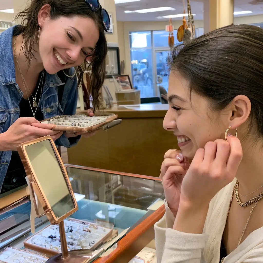 Daniela holding up a tray of rings while a customer tries on gold earrings in the mirror