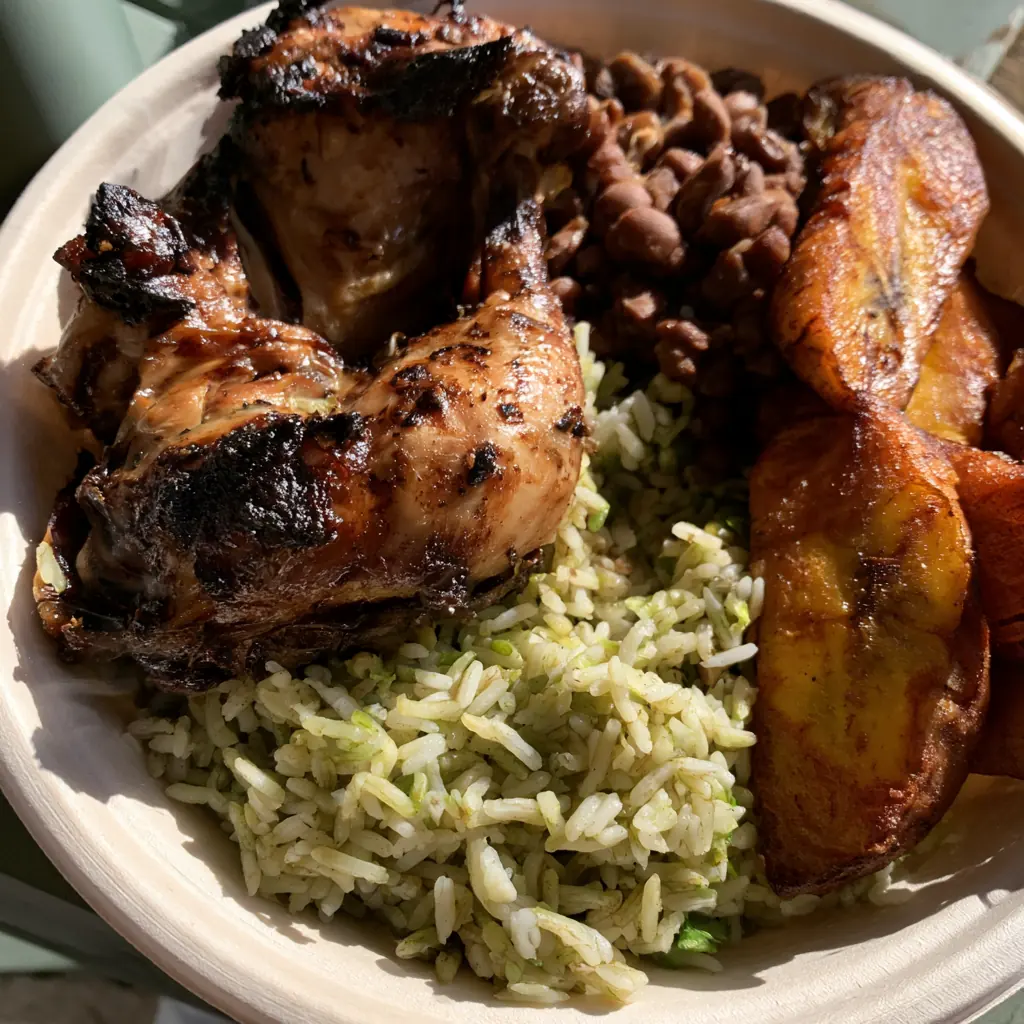 Jerk chicken plate with plantains