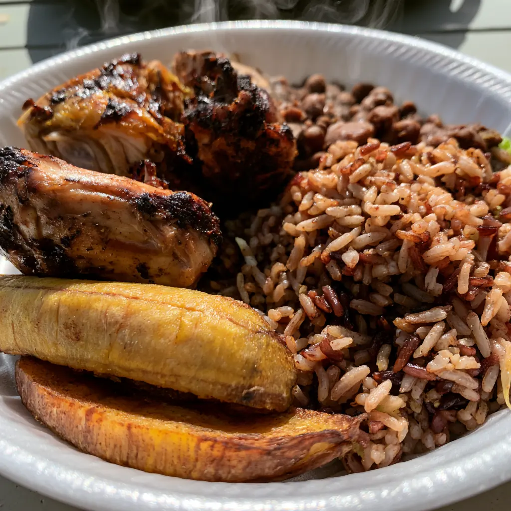 A plate with stewed meat, red rice and plantain