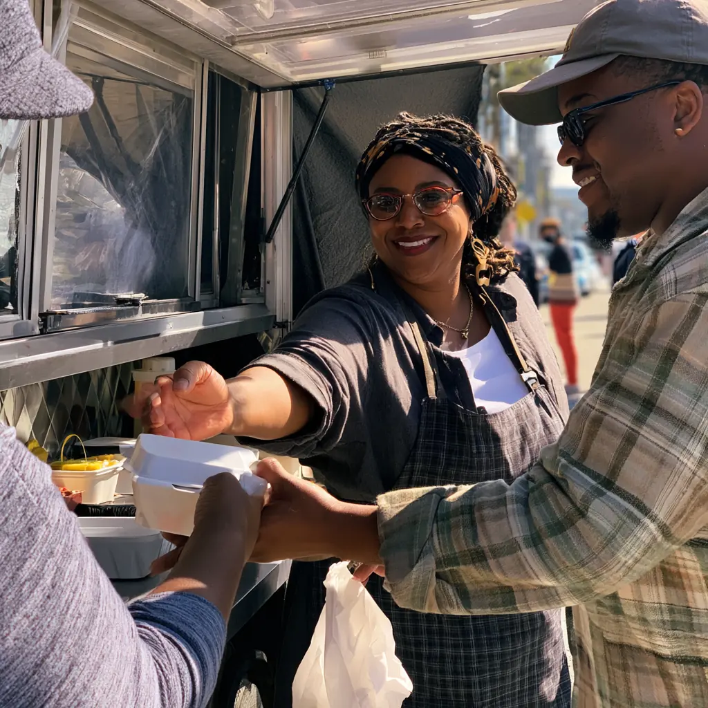 Simone handing a to-go box to a customer