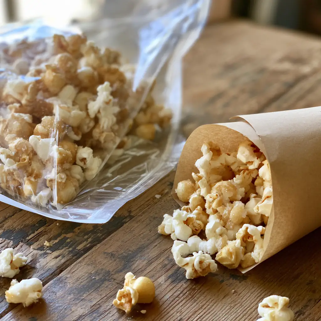 A clear bag and a paper cone of fresh kettle corn on a wooden table