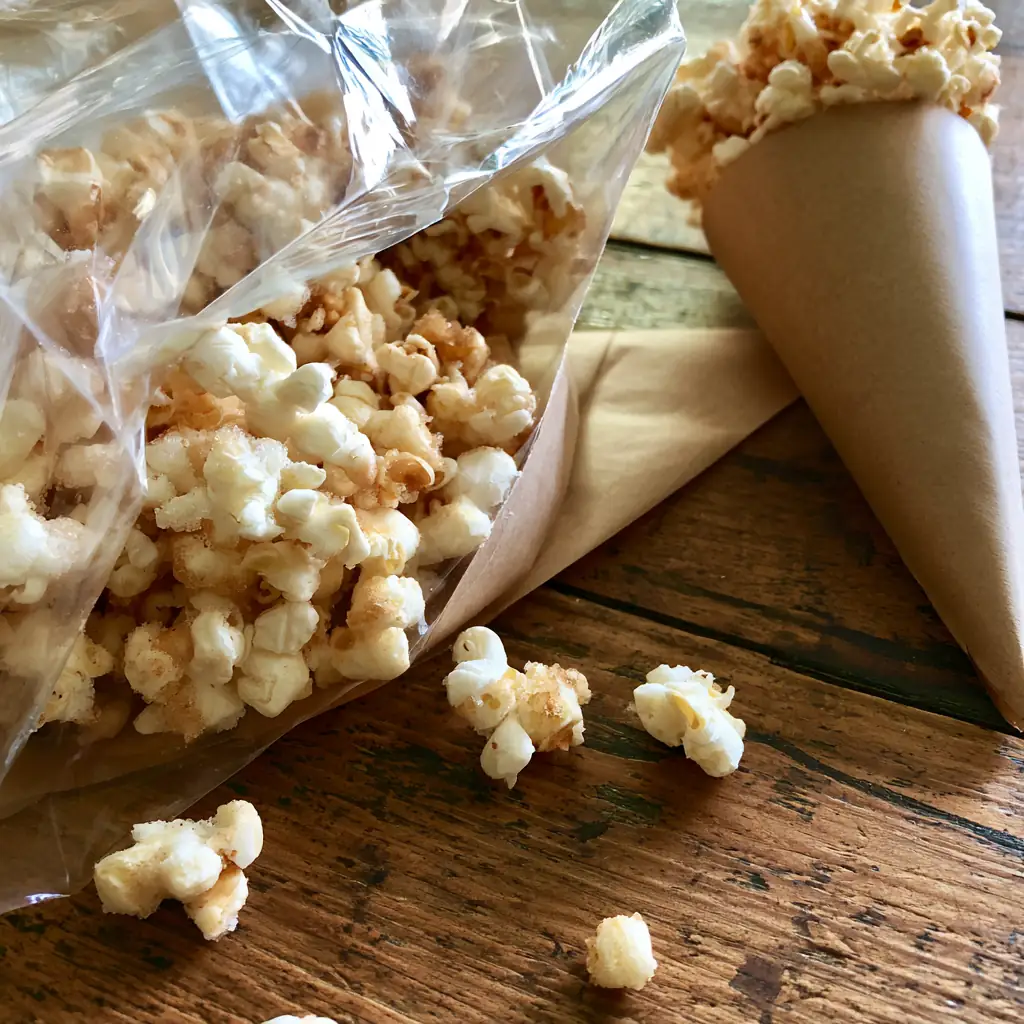 Close-up of a bag of kettle corn next to paper cones