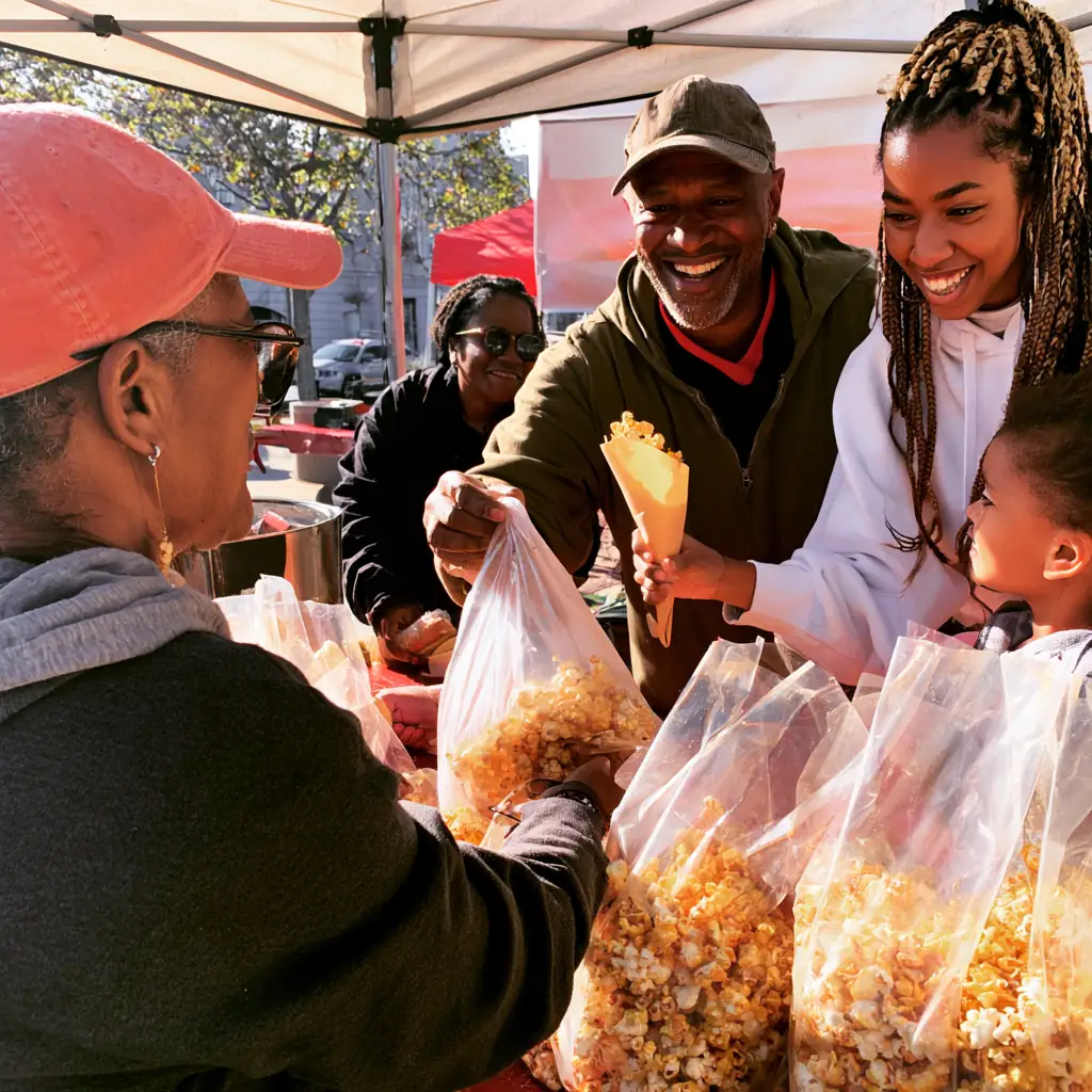 Customers laughing as they take bags of kettle corn across the table