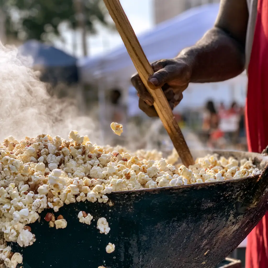 A wooden paddle stirring kettle corn in a big black cast iron kettle