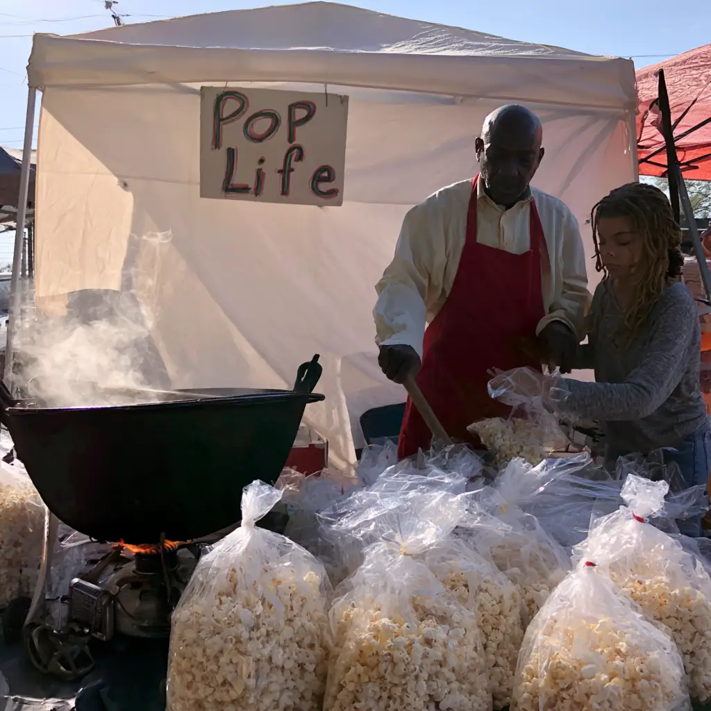 The Pop Life tent with steam rising off the kettle and a row of filled bags out front