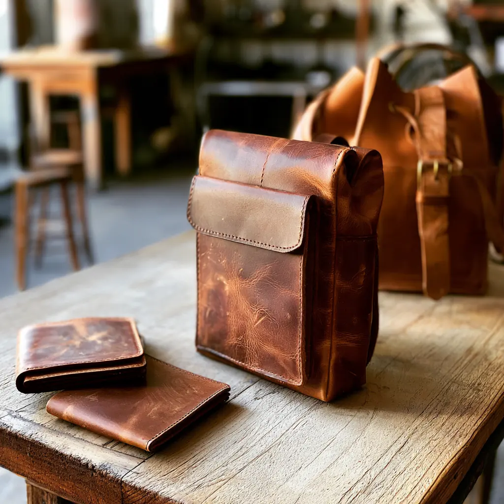 A tan leather crossbody bag beside two wallets on a wooden table