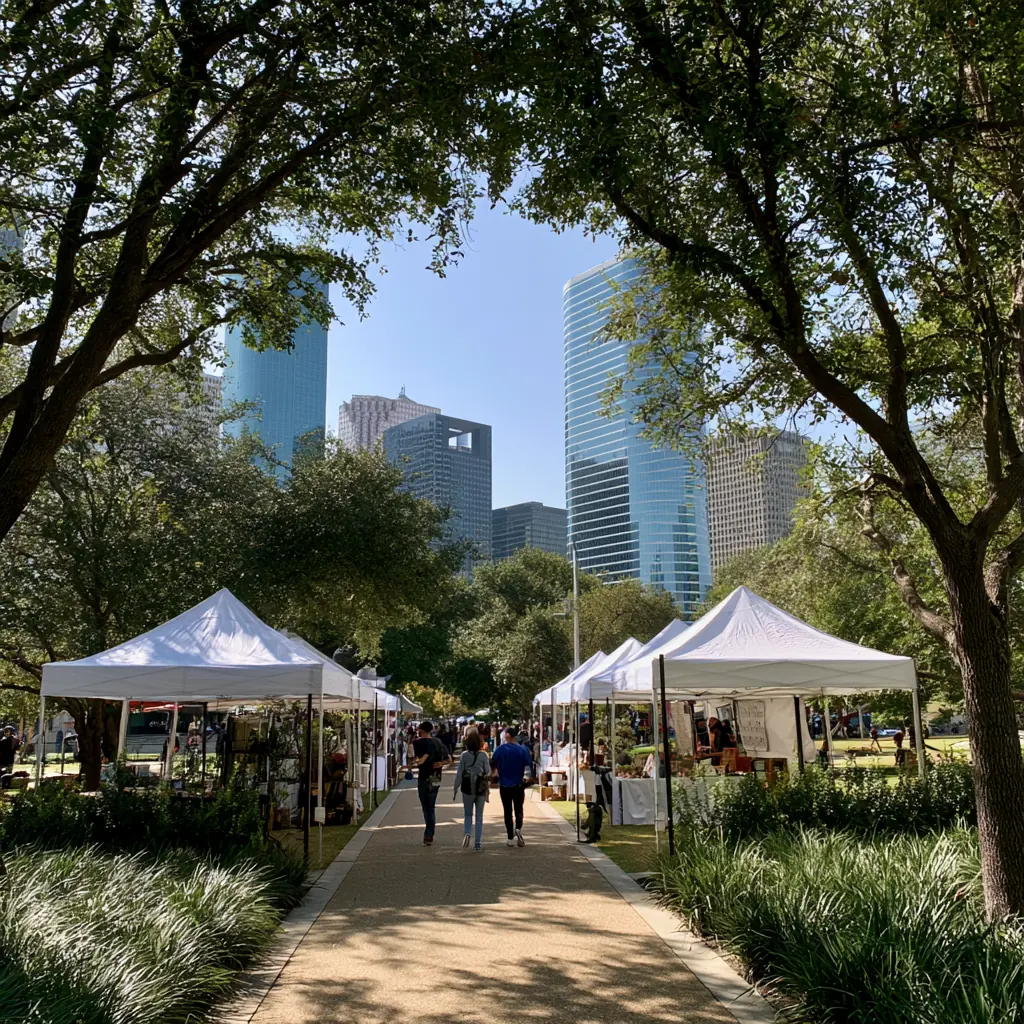 Market tents under the trees at Discovery Green with downtown towers behind