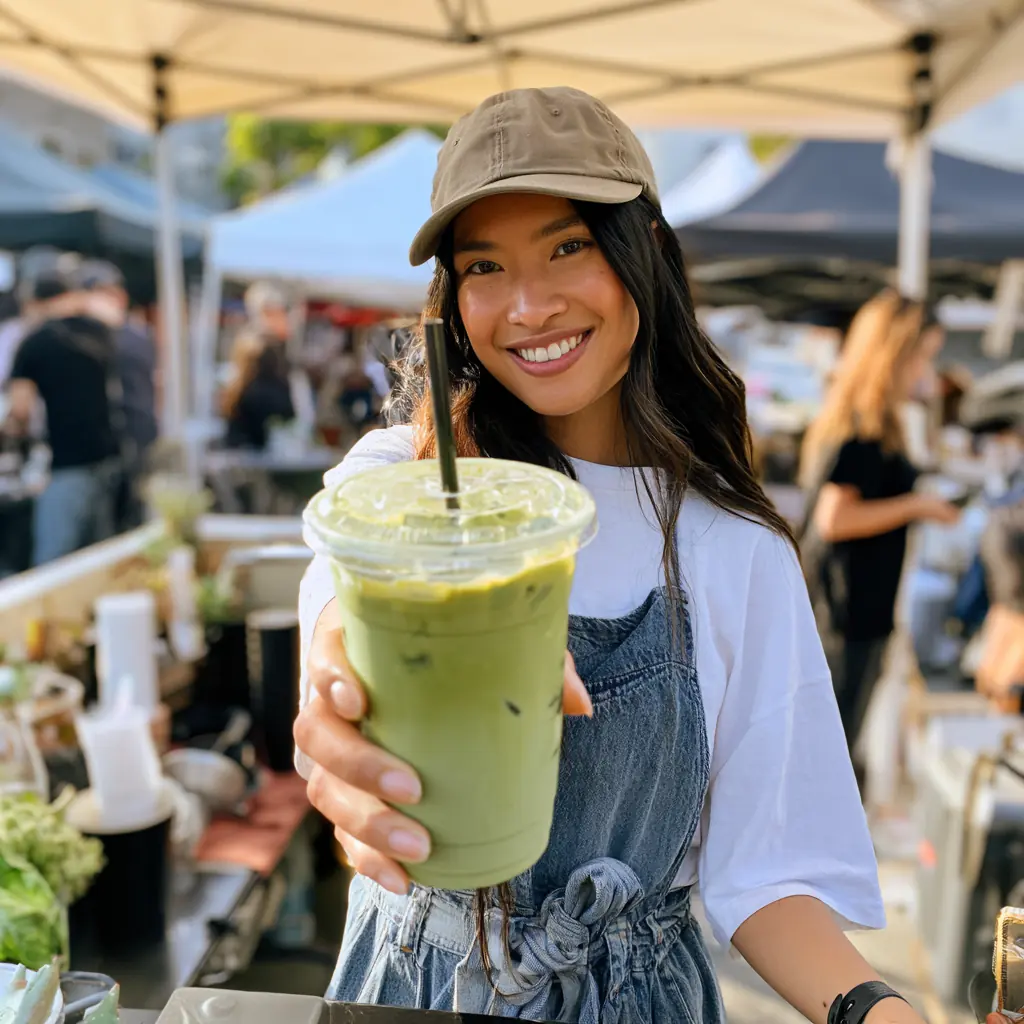 Vy holding up an iced matcha latte at the stand