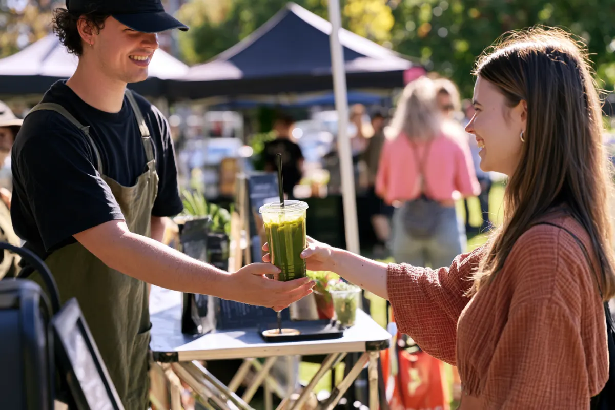 A barista handing an iced matcha to a smiling customer
