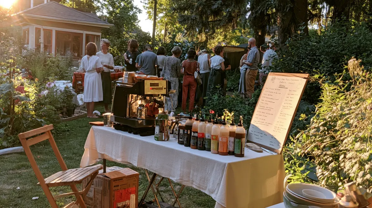 The coffee setup at a backyard party with guests lining up