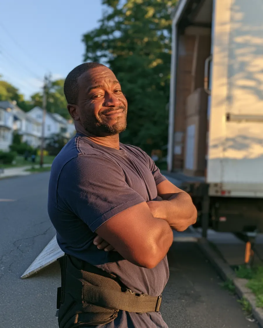 Darnell, the owner, standing by a moving truck with its ramp down