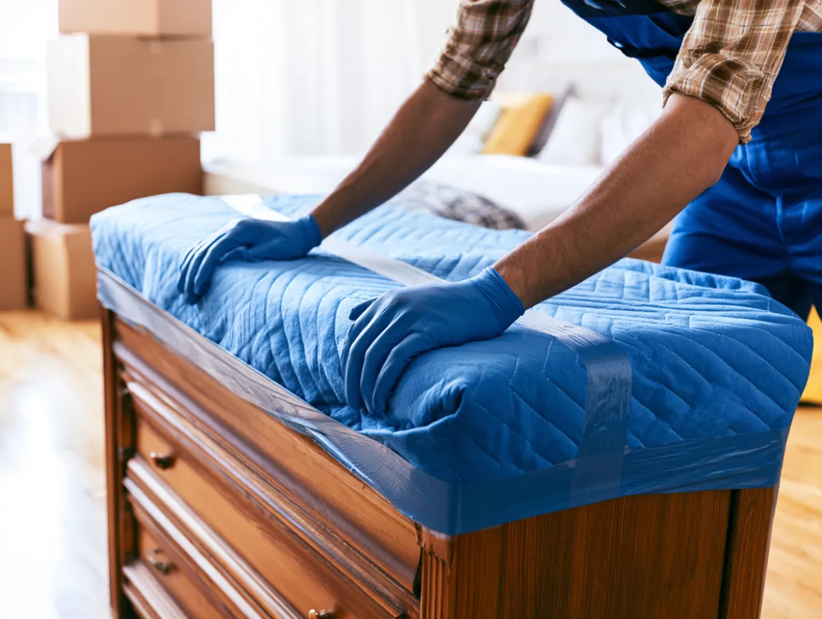 A mover wrapping a wooden dresser in a blue moving blanket