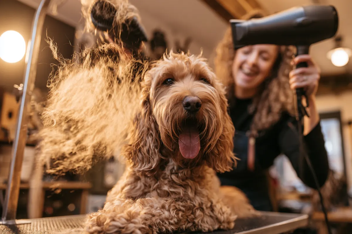 A happy doodle getting blow dried on the grooming table