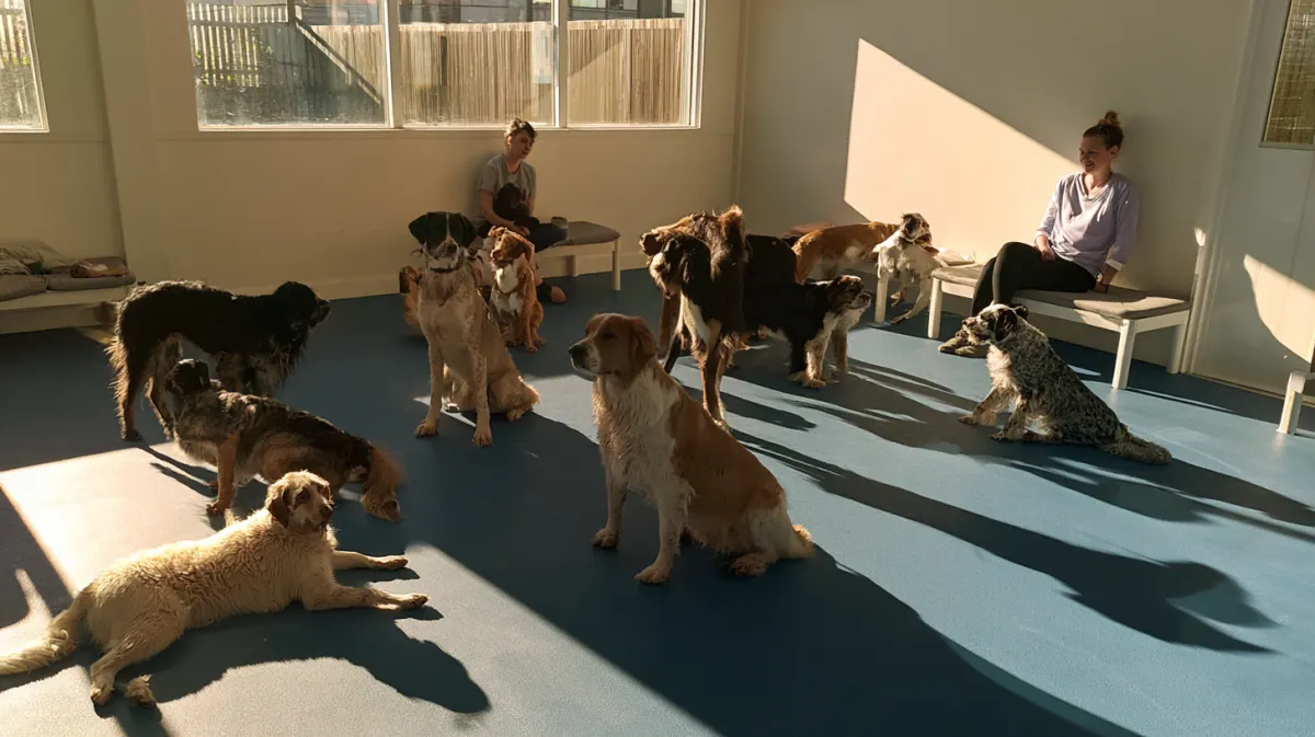 Dogs playing in a bright daycare room with a staff member watching
