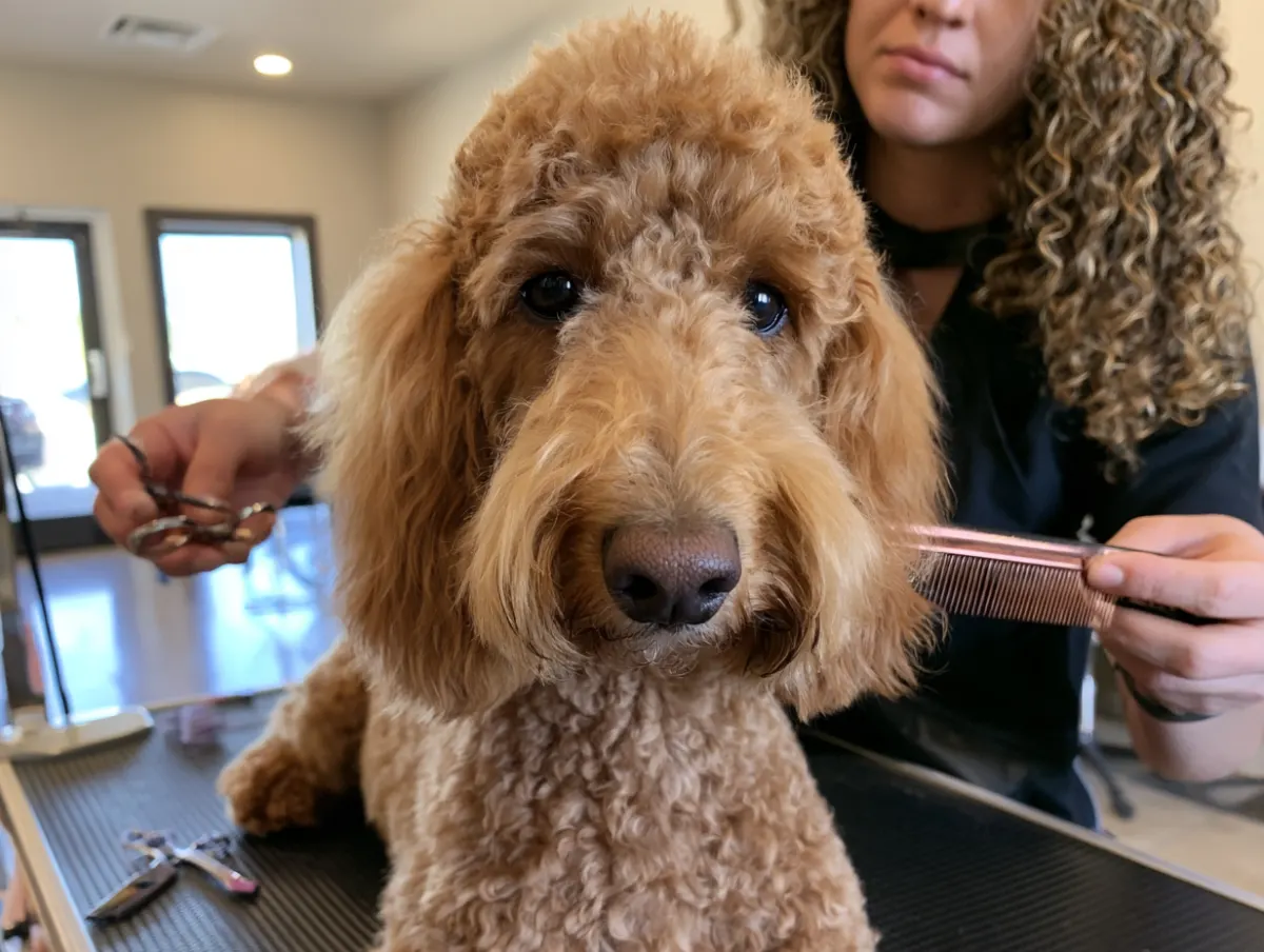 A groomer trimming the face of a brown doodle