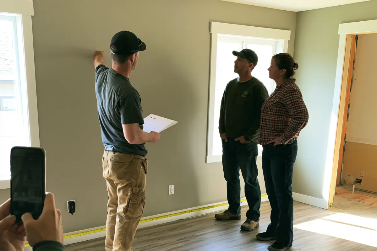 A contractor walking a homeowner couple through their living room with a clipboard