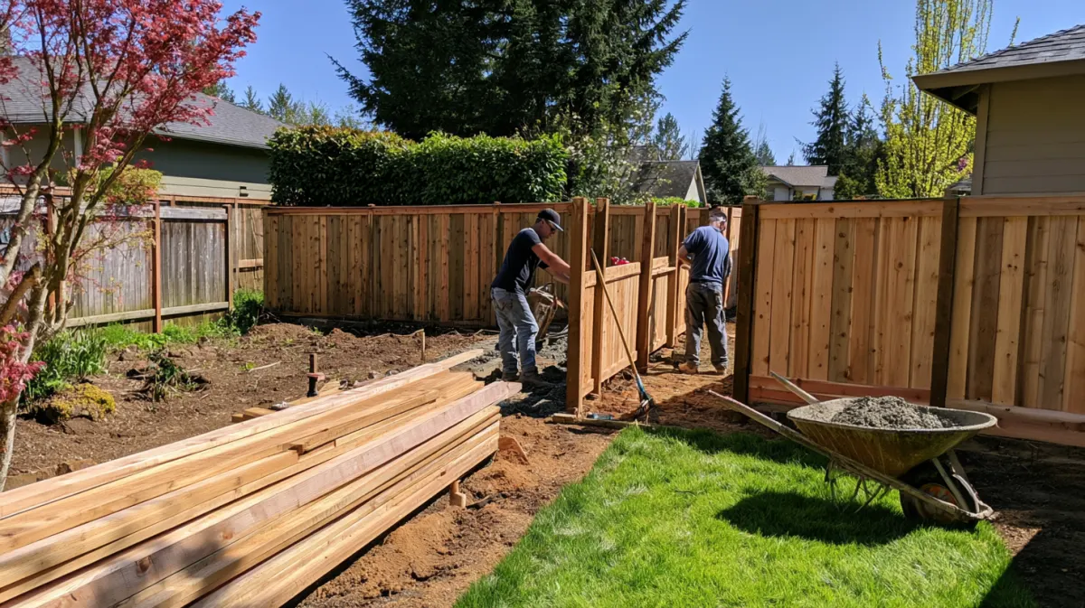 Two workers building a new cedar fence in a back yard