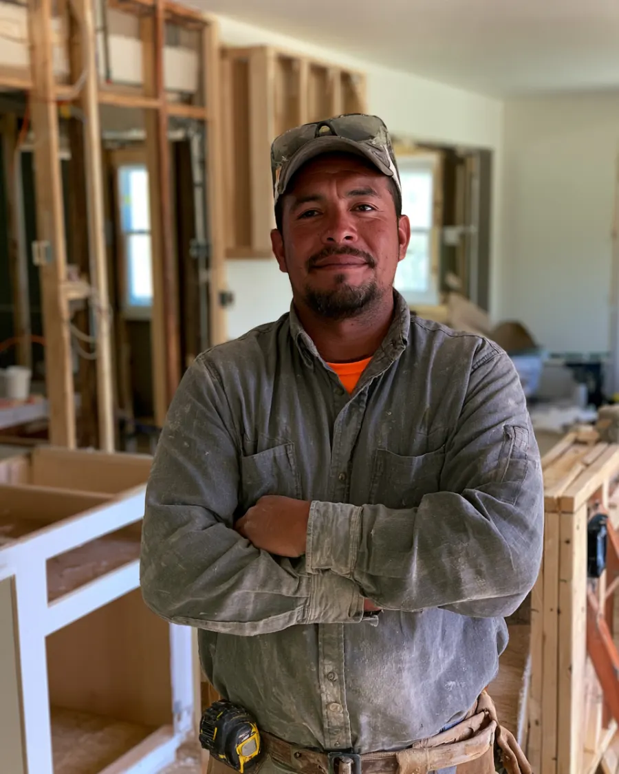 Luis Ortega, owner, standing in a kitchen under construction