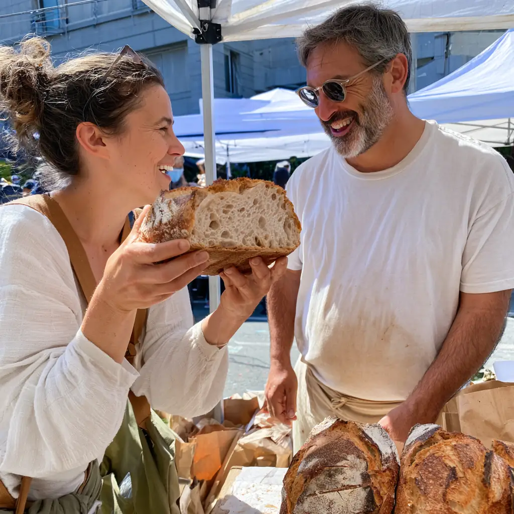 A customer laughing as she holds up the cut side of a country loaf
