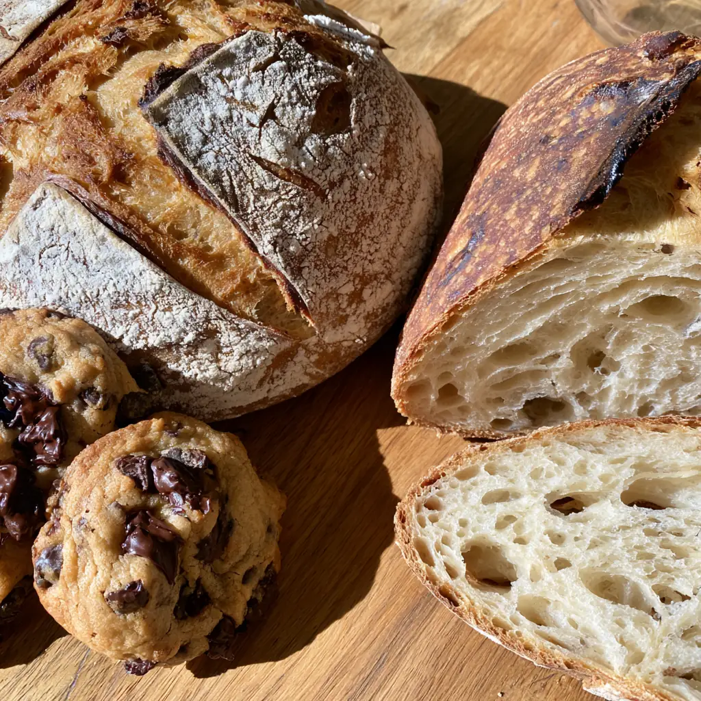 Close-up of a floured boule, a sliced loaf and chocolate chunk cookies