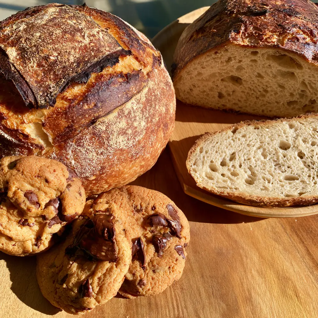 A scored country boule, a cut loaf and chocolate chunk cookies on a wooden board