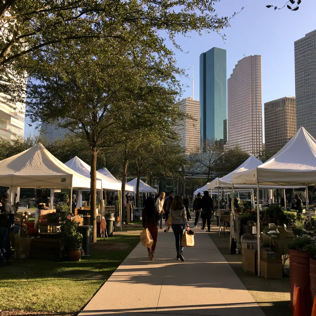 Market tents along the path at Discovery Green with the downtown towers behind