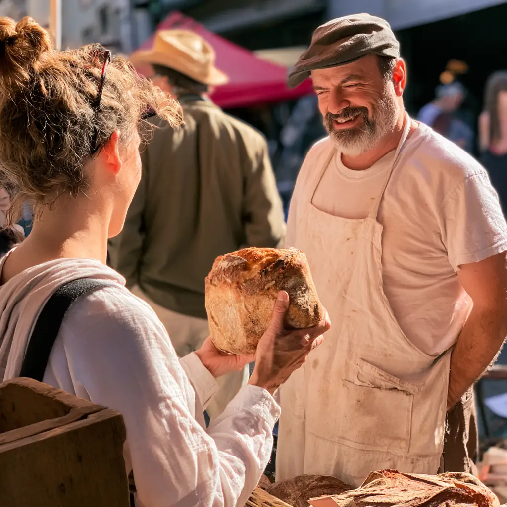 Teo in his flour-dusted apron handing a loaf across the table